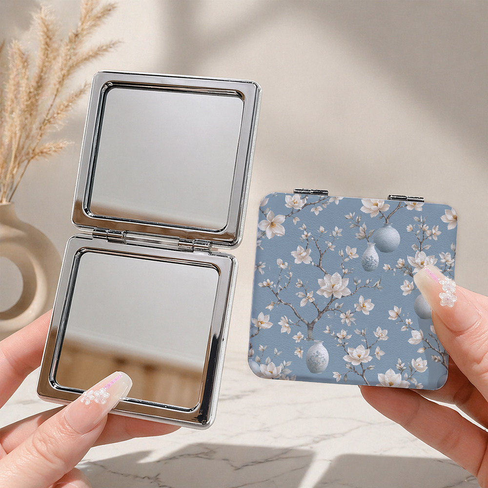 Blue Magnolia Pattern Portable PU Folding Mirror
